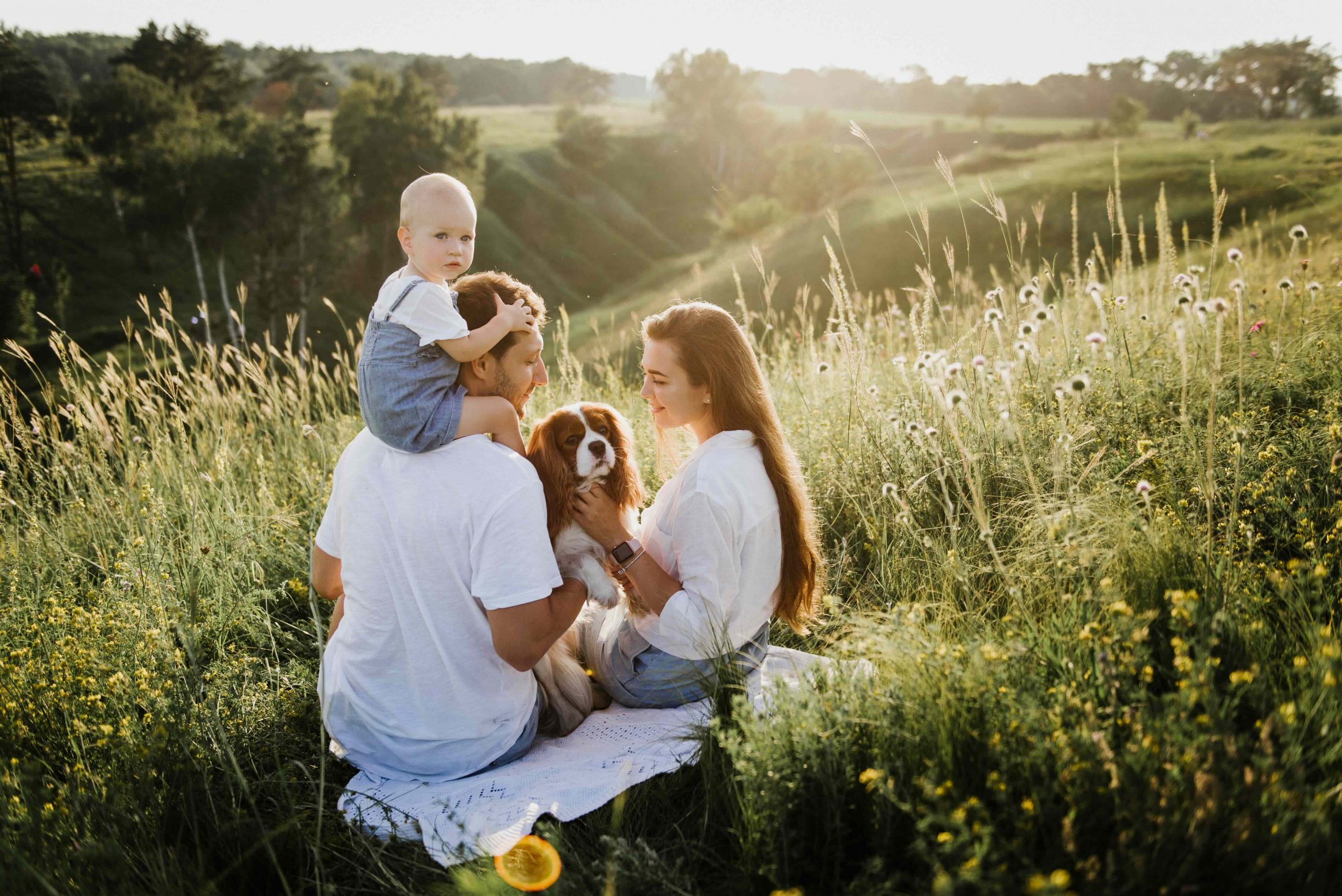 Loving couple, baby, dog sitting in a field.